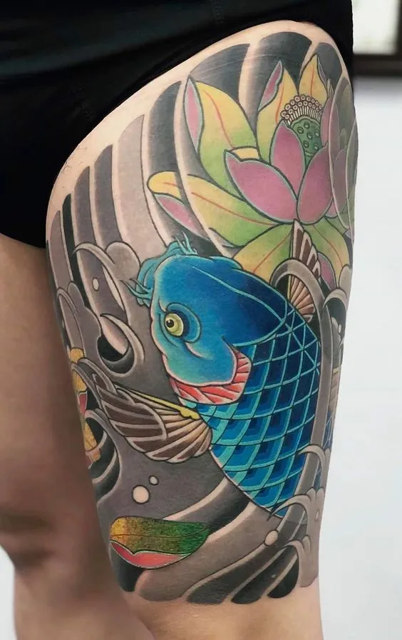 Collection of beautiful carp tattoos on the thighs leading the 2025 trend